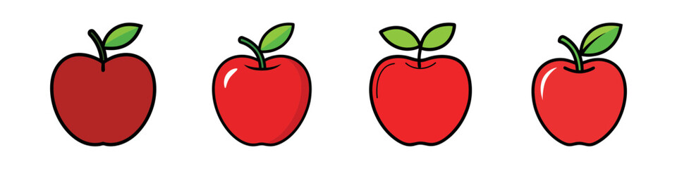 Cartoon red apple icons with green leaves-Vector illustration of four red apples with green leaves, ideal for food design, healthy lifestyle concepts, or fruit-themed graphics.