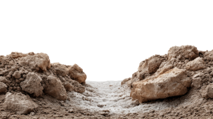 Earthy Terrain Divide: A stark view of earth, showing raw, rugged terrain, its textures contrasting against the clear backdrop, symbolizing division or a path forward.