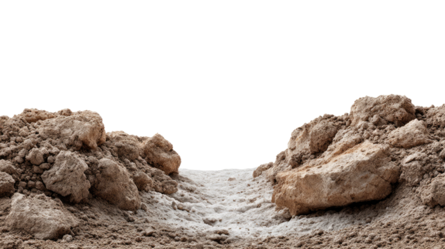 Earthy Terrain Divide: A stark view of earth, showing raw, rugged terrain, its textures contrasting against the clear backdrop, symbolizing division or a path forward.