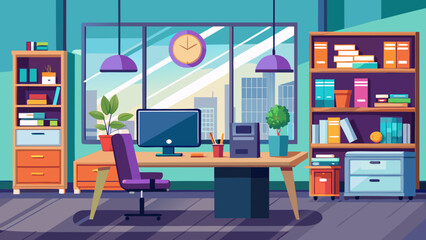 Vector art of a modern office interior with a desk, computer, chair, and bookshelves, illuminated by pendant lights and a large window with city view