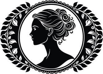 elegant woman profile silhouette in vintage floral frame vector illustration art