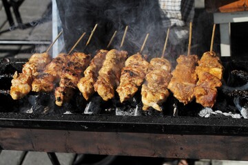 Grilled Meat Skewers Cooking Outdoors on Smoky Charcoal Grill