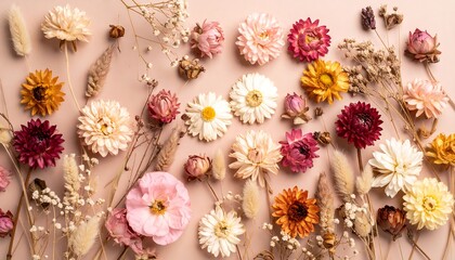 Flat lay of dried flowers in pastel colors