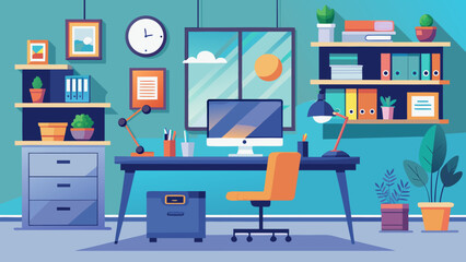 Vector art of cozy home office interior featuring a desk, computer, and chair, with a window showcasing a city view, alongside shelves filled with books and plants