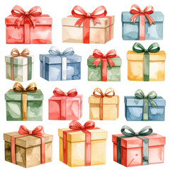 Collection of festive gift boxes with ribbons isolated on transparent background