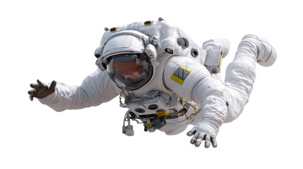 Fototapeta premium Astronaut floating in space: An astronaut, clad in a pristine spacesuit, floats weightlessly, capturing the wonder and exploration of space and human endeavor.