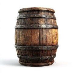Obraz premium A wooden barrel with metal bands, ideal for storing liquids. This old-fashioned barrel is a symbol of tradition and craftsmanship.