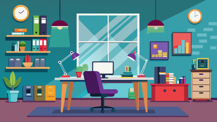 Vector art of stylish home office setup with a desk, computer, chair, lamps, and shelves, illuminated by natural light from windows with a city view