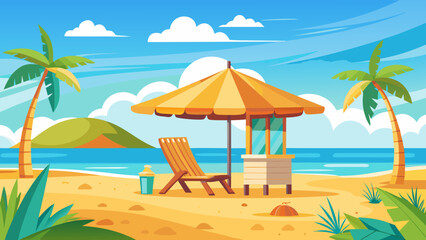 Obraz premium Vector art of a vibrant cartoon illustration of a tropical beach scene with palm trees, a striped umbrella, a lounge chair, and the turquoise ocean under a bright blue sky with fluffy clouds