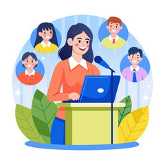 A flat style illustration showing an online conference