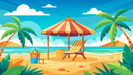 Obraz premium Vector art of a vibrant illustration of a tropical beach scene with a striped umbrella, lounge chair, and palm trees under a clear blue sky, evoking a sense of summer vacation and relaxation