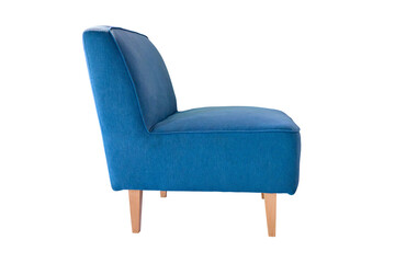 Blue fabric sofa on wooden legs