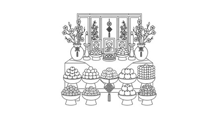 Line art illustration:  Serene Korean ancestral rite table setting with fruit, flowers, and portraits, minimalist style.