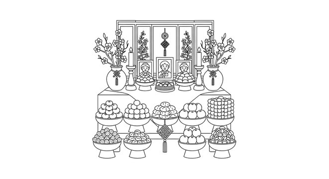 Line art illustration:  Serene Korean ancestral rite table setting with fruit, flowers, and portraits, minimalist style.