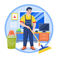 A flat style illustration showing a janitor cleaning