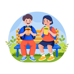 A flat style illustration showing students eating lunch