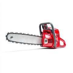 A powerful red chainsaw, ready for action, resting. The sharp teeth of the chain gleam, showcasing the tool's strength