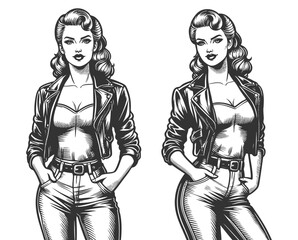 two confident women in leather jackets and high-waisted jeans, standing with hands in pockets sketch engraving generative ai fictional character vector illustration. Scratch board. Black and white.