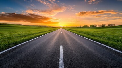Fototapeta premium A Scenic Road Leads to a Vibrant Sunset Over Lush Green Fields