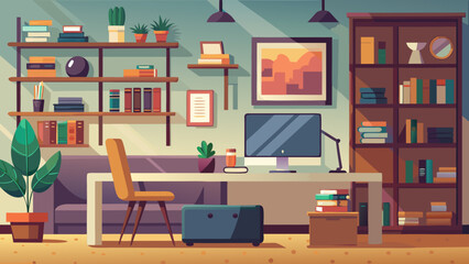 Vector art of modern home office setup featuring a sleek desk, computer, chair, and wallmounted shelves with books and plants for a stylish and functional workspace