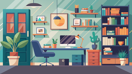 Vector art of modern home office interior with a desk, computer, chair, bookshelf, and plants, creating a productive and cozy workspace