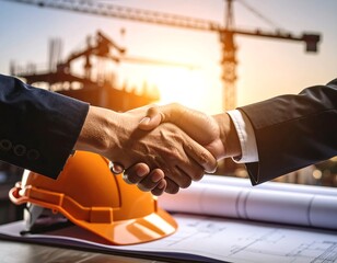 A handshake seals a deal between two professionals over construction blueprints, a hard hat nearby, with a construction site in the background