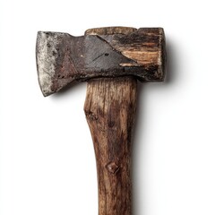 A weathered axe with a wooden handle, resting with the axe head up