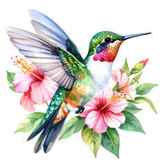 Beautiful hummingbird hovering over pink hibiscus flowers isolated on transparent background