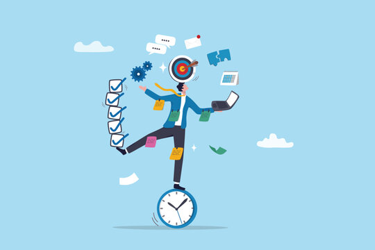 Multitasking working with multiple tasks or job at the same time, busy work, productivity or efficiency overload or overworked concept, busy businessman multitask juggling business work routine.