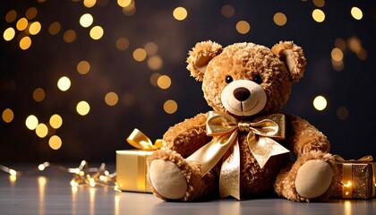 Plush teddy bear with gold bow sits beside wrapped presents, bokeh lights in background
