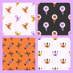 Minimalist Halloween Seamless Patterns Set. Sparse holiday decorative backgrounds collection. Hand drawn eyeball witch hat candy haunted castle. Vector illustration