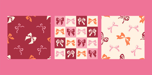 Coquette Vintage Bows Seamless Patterns Set. Pink Romantic background with hand drawn Tied Knots, curly ribbon silhouettes. Repeat vector illustration