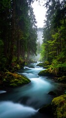 Misty forest stream