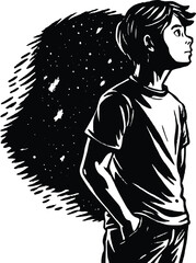 houghtful boy silhouette with starry night background in artistic vector style