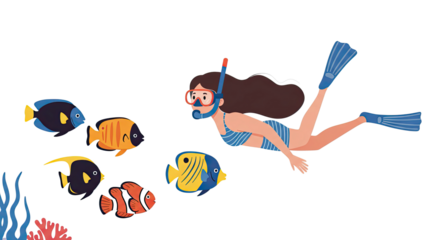 Diver Swimming with Colorful Tropical Fish in Ocean Illustration
