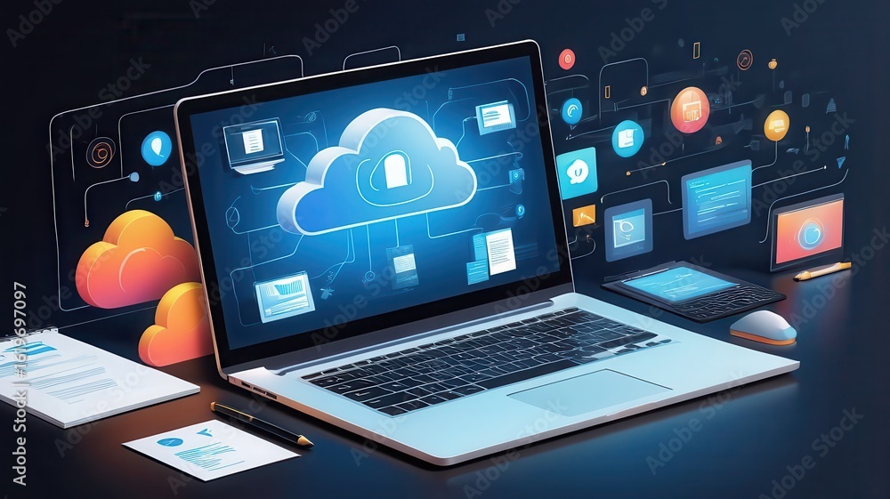 Poster a laptop displaying cloud computing and networking with orange clouds and documents nearby on a desk