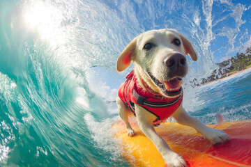 An excited Labrador Retriever surfs through a powerful ocean wave on a yellow and red board, wearing a red life vest. 