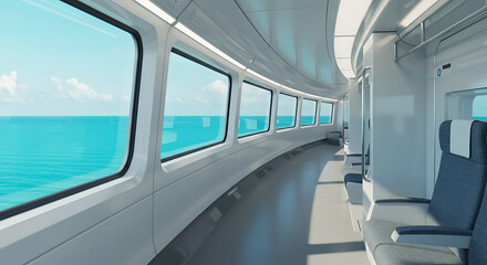 Fototapeta premium Sleek modern train interior with panoramic windows offering a stunning view of the blue ocean on a scenic journey.
