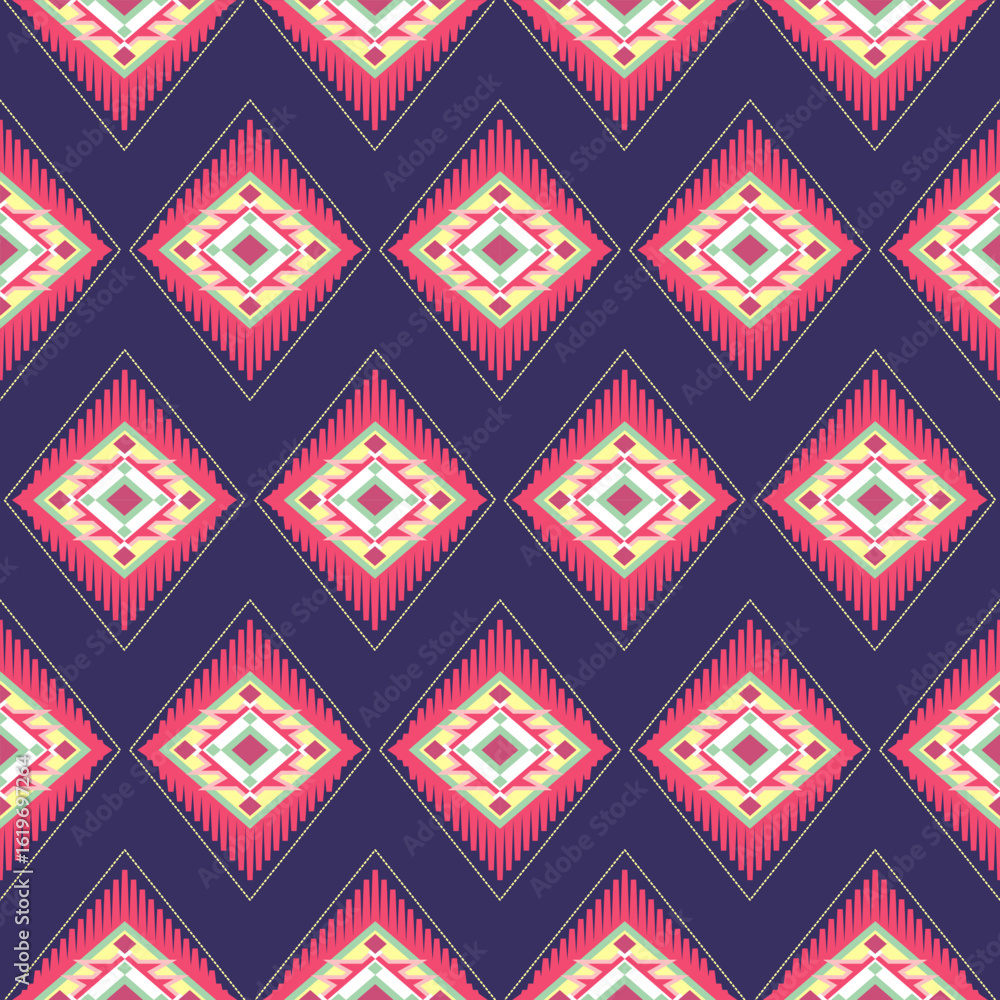 Poster geometric diamond pattern with zig zag motifs and stitched borders in vibrant colors on a dark backg