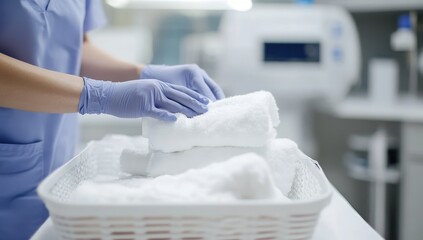 Medical worker in blue gloves arranges white towels in a basket