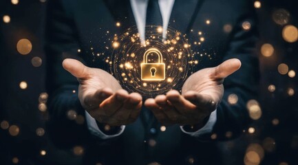 Golden Padlock in Hands Digital Art, Abstract Concept, Security, Data Protection, Cybersecurity Cybersecurity, Digital Security