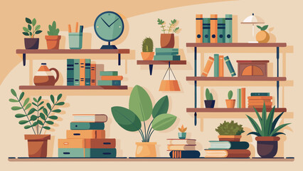 Vector art of cozy home interior with shelves filled with books and potted plants, creating a warm and inviting atmosphere for reading and relaxation