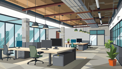 Vector art of bright and airy office environment with multiple workstations, computers, chairs, and large windows overlooking a cityscape, enhanced by industrialstyle lighting
