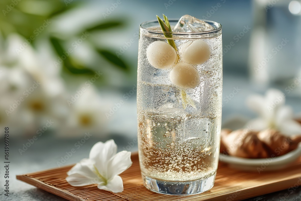 Poster close-up of a refreshing sparkling lychee drink with ice and botanical elements.