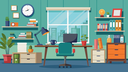 Vector art of cozy home office setup with a desk, computer, chair, books, and shelves, illuminated by natural light from a window with a city view, ideal for work or study