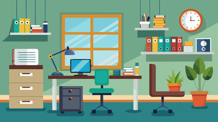 Vector art of bright and organized office space featuring a desk, computer, chairs, shelves with files, and a window, ideal for a productive business environment