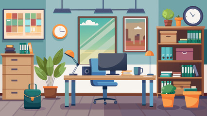 Vector art of stylish home office setup featuring a desk with computer, chair, artwork, plants, and shelving, ideal for remote work or study