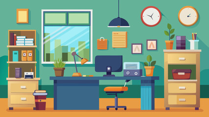 Vector art of modern home office interior with a desk, computer, chair, bookshelf, and window, featuring plants and clocks on a teal wall