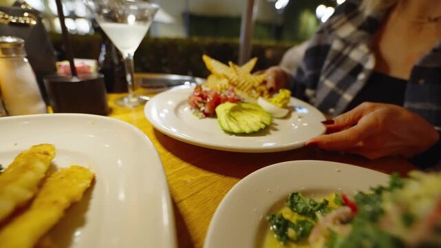 Close up of fine dining dinner with poke and avocado