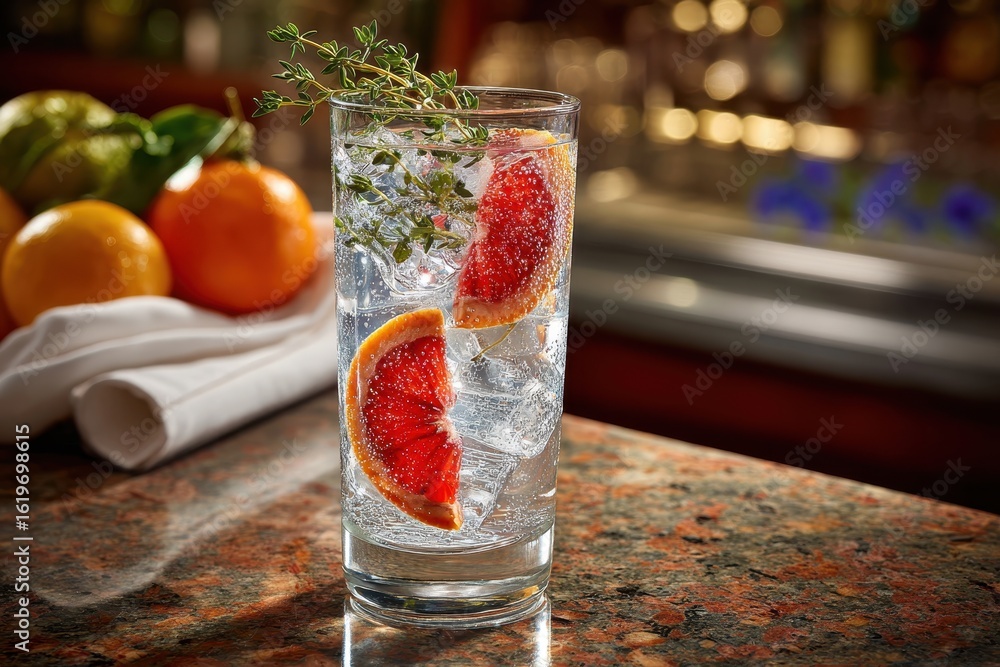 Poster elegant gin and tonic with ruby grapefruit and fresh thyme at a bar.